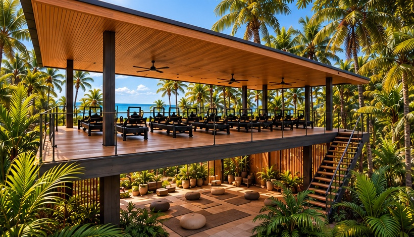 Open-air fitness deck surrounded by jungle
